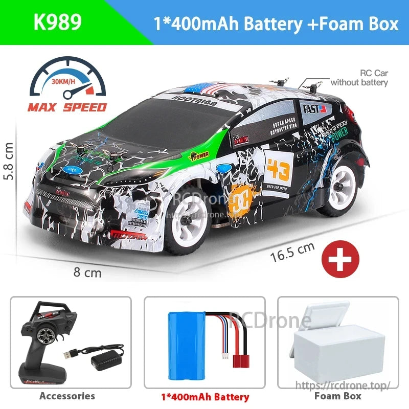 WLtoys K969 1:28 Scale RC Drift Car, WLtoys K989 1:28 RC drift car features a 30 km/h max speed, measures 16.5x8x5.8 cm, and includes a 400 mAh battery, foam box, remote control, and charger.