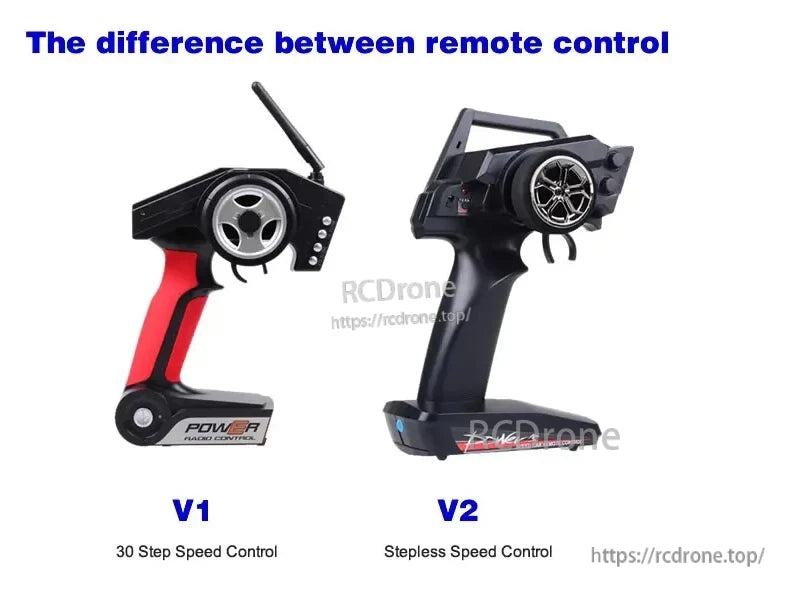 WLtoys K969 1:28 Scale RC Drift Car, V1 has 30-step speed control; V2 offers stepless speed control for POWER RC cars.