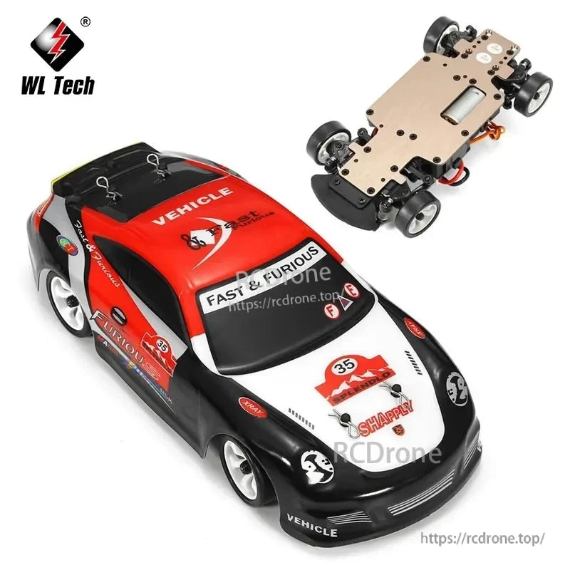 WLtoys K969 1:28 Scale RC Drift Car, WL Tech RC drift car, 1:28 scale, Fast & Furious themed, red and black with detailed decals and exposed chassis.