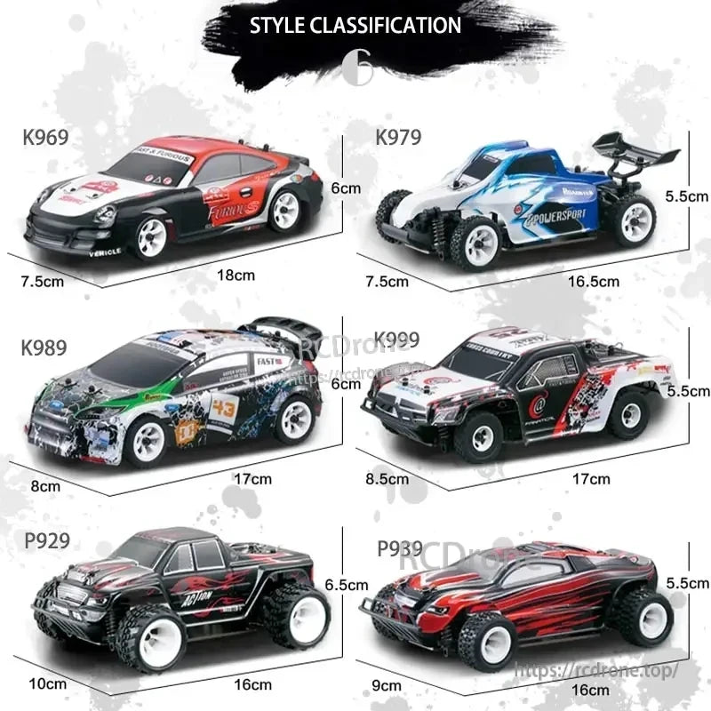 WLtoys K969 1:28 Scale RC Drift Car, Six RC car styles classified: K969 (1:28 drift car, red/black/white), K979, K989, K999, P929, P939. Models and dimensions detailed.