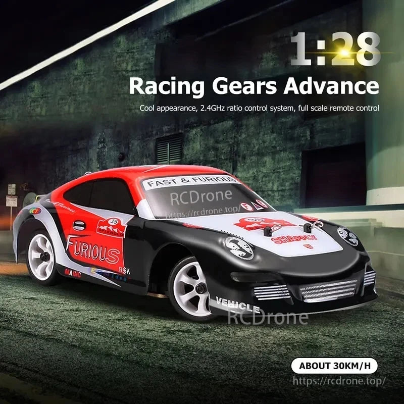 WLtoys K969 1:28 Scale RC Drift Car, 1:28 RC drift car with 2.4GHz control, reaching 30 km/h speed and featuring racing design.