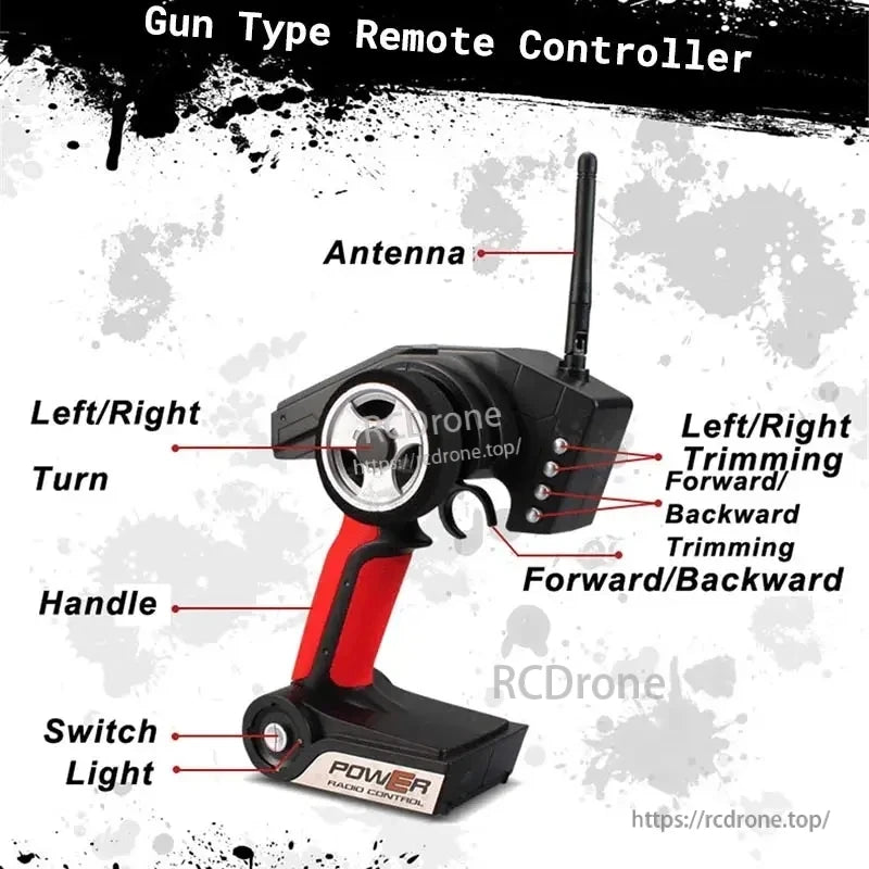 WLtoys K969 1:28 Scale RC Drift Car, Gun type remote controller with antenna, handle, and directional controls for RC car.