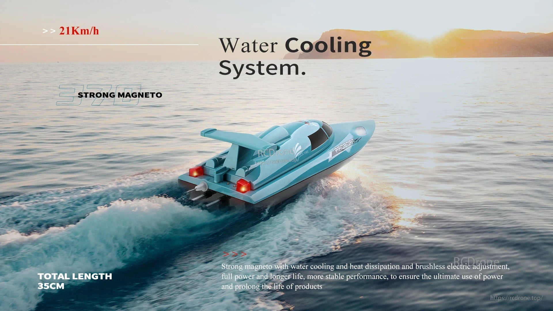 WLtoys WL916 & WL912‑A RC Boat, Brushless water-cooled motor with strong magneto, efficient heat dissipation, 21 km/h speed, 35 cm length; built for durability and long life.