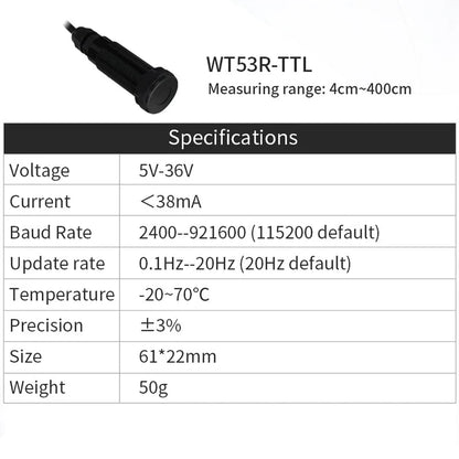 WitMotion WT53R Laser Distance Sensor, WT53R-TTL laser sensor: 4-400cm range, 5-36V, <38mA, baud rate 2400-921600, update rate 0.1-20Hz, -20~70°C, ±3% precision, 61×22mm, 50g.