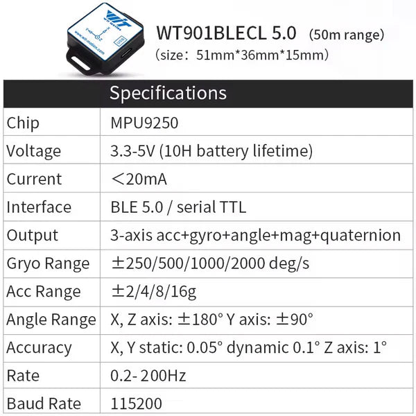 WitMotion WT9011DCL BLE 5.0 加速度計 陀螺儀 磁力計 傾角儀 – 三軸角度 & 四元數，0.2° 精度，0.2–200 Hz，32.5×23.5×11.6 mm