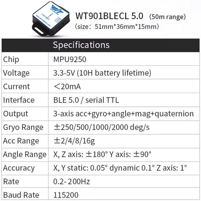 WitMotion WT9011DCL BLE 5.0 加速度計 陀螺儀 磁力計 傾角儀 – 三軸角度 & 四元數，0.2° 精度，0.2–200 Hz，32.5×23.5×11.6 mm