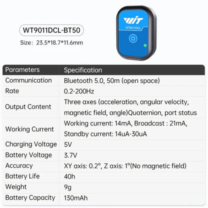 WitMotion WT9011DCL BLE 5.0 加速度計 陀螺儀 磁力計 傾角儀 – 三軸角度 & 四元數，0.2° 精度，0.2–200 Hz，32.5×23.5×11.6 mm