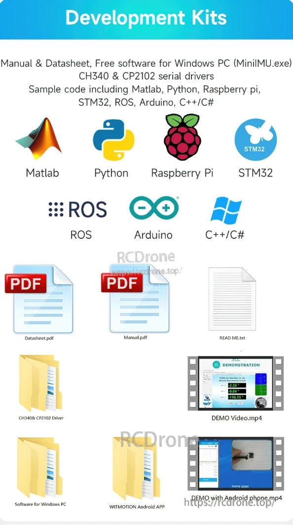 WT901B AHRS IMU, Development Kits come with manuals, software, drivers, sample code for various platforms, and demo videos.
