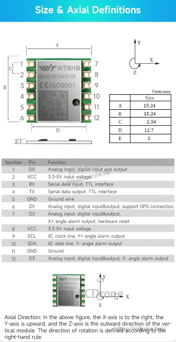 The WT901B AHRS IMU has dimensions of 15.24×15.24×2.54 mm, features a 12-pin layout with analog/digital I/O, UART, I2C, and alarm outputs, and defines axial directions using the right-hand rule: X right, Y up, Z outward.