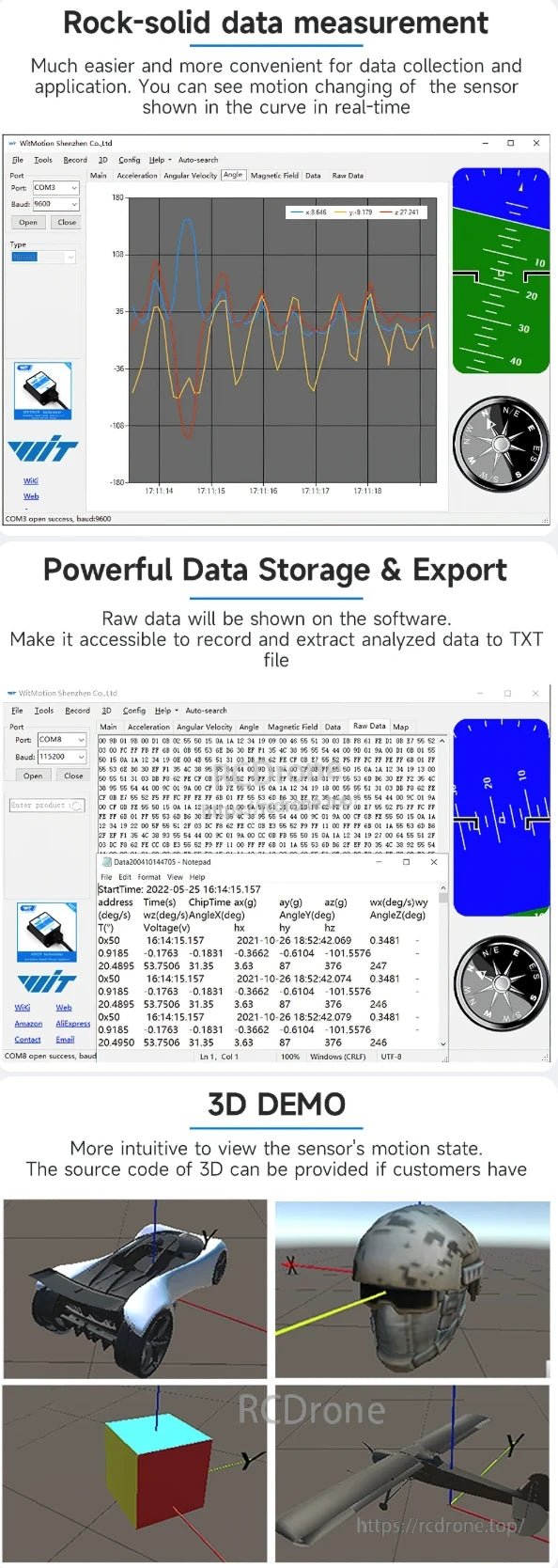 The WT901B AHRS IMU provides real-time data, storage, TXT export, 3D visualization, and precise monitoring with acceleration, angular velocity, magnetic field, and compass features.