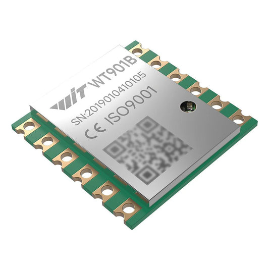 The WitMotion WT901B is a 10-axis IMU featuring an MPU9250, accelerometer, gyro, barometer, Kalman filter, UART/I²C interface, and output rates from 0.2 to 200 Hz.