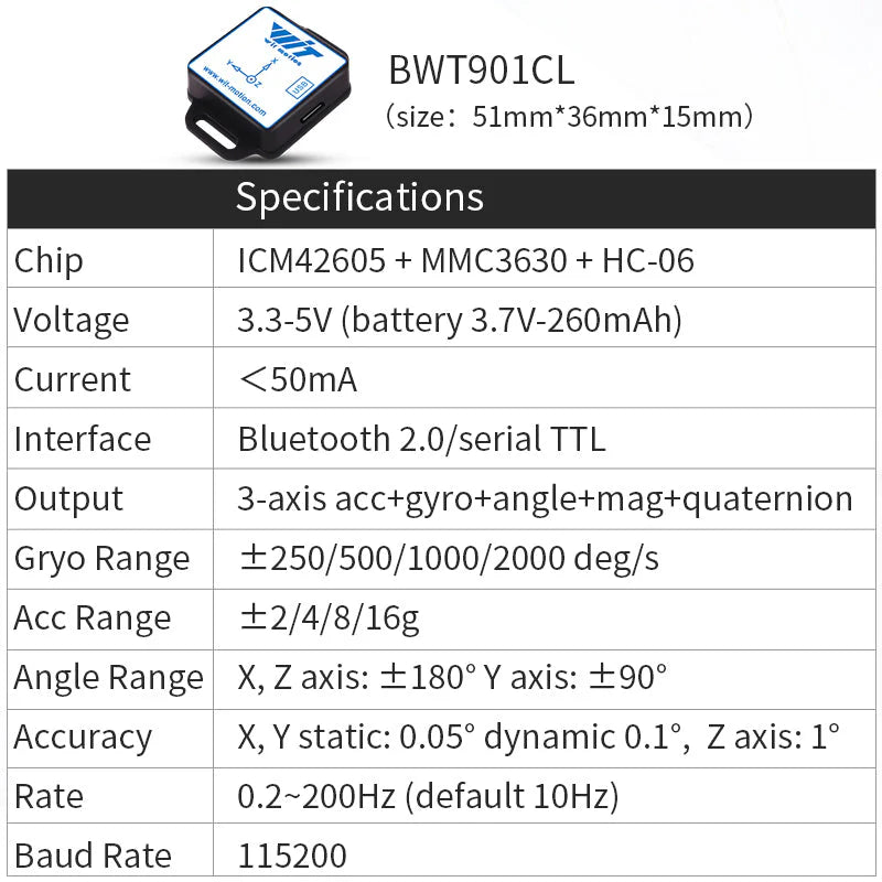 WitMotion BWT901CL 9-axis IMU features ICM42605, MMC3630, HC-06, supports Bluetooth 2.0/TTL, 3-axis sensors, quaternions, 3.3-5V, <50mA, 115200 baud, 51×36×15mm.