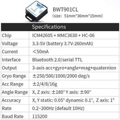 WitMotion BWT901CL 9-axis IMU features ICM42605, MMC3630, HC-06, supports Bluetooth 2.0/TTL, 3-axis sensors, quaternions, 3.3-5V, <50mA, 115200 baud, 51×36×15mm.