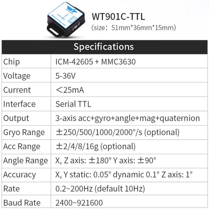 The WitMotion WT901C-TTL 9-axis IMU features an ICM-42605 and MMC3630, operates on 5–36V, offers 3-axis acceleration, gyro, angle, mag, quaternion outputs, 0.05° static accuracy, 0.2–200Hz rate, up to 921600 baud.