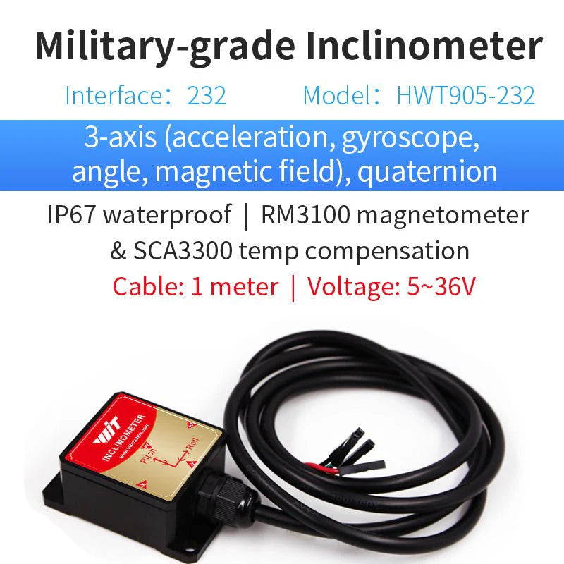 Military-grade 3-axis inclinometer with magnetometer, temp compensation, waterproof, wide voltage, model HWT905-232.