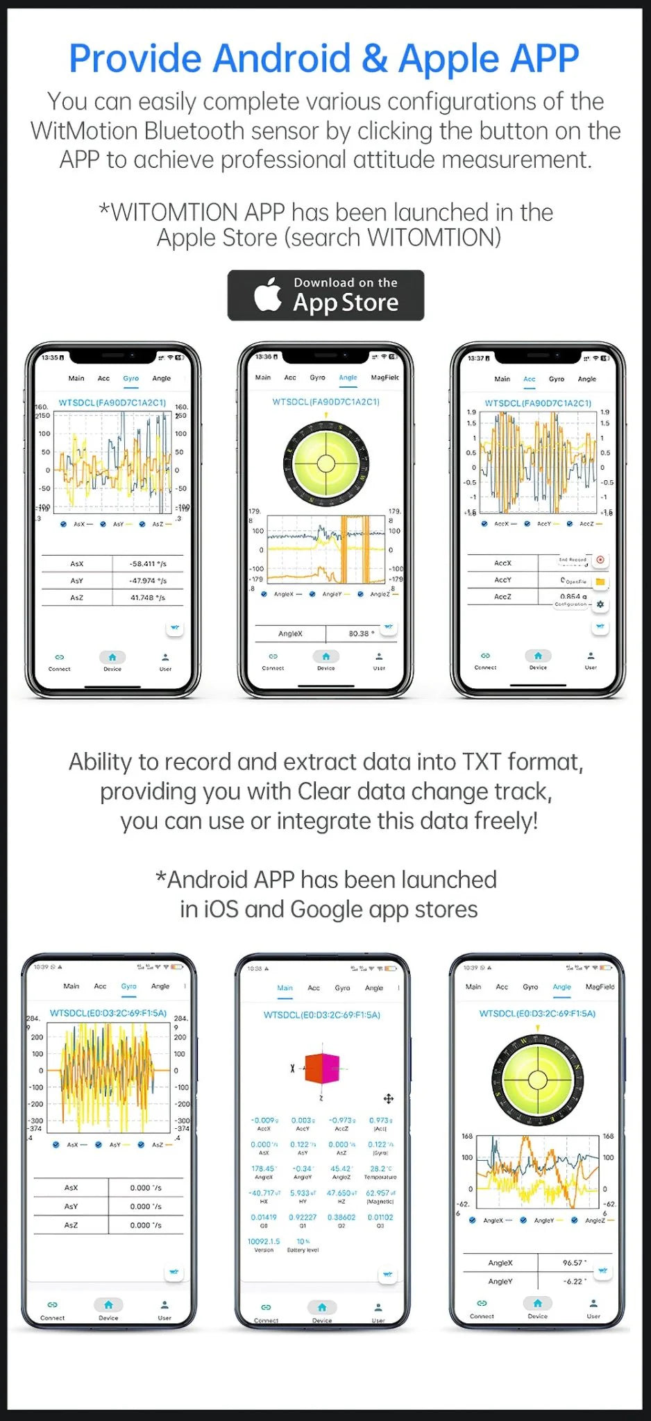 WitMotion app supports Android/iOS for Bluetooth sensor settings, real-time data visualization, and exporting TXT files for analysis.