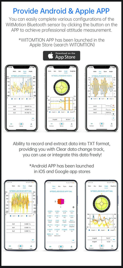 WitMotion app supports Android/iOS for Bluetooth sensor settings, real-time data visualization, and exporting TXT files for analysis.