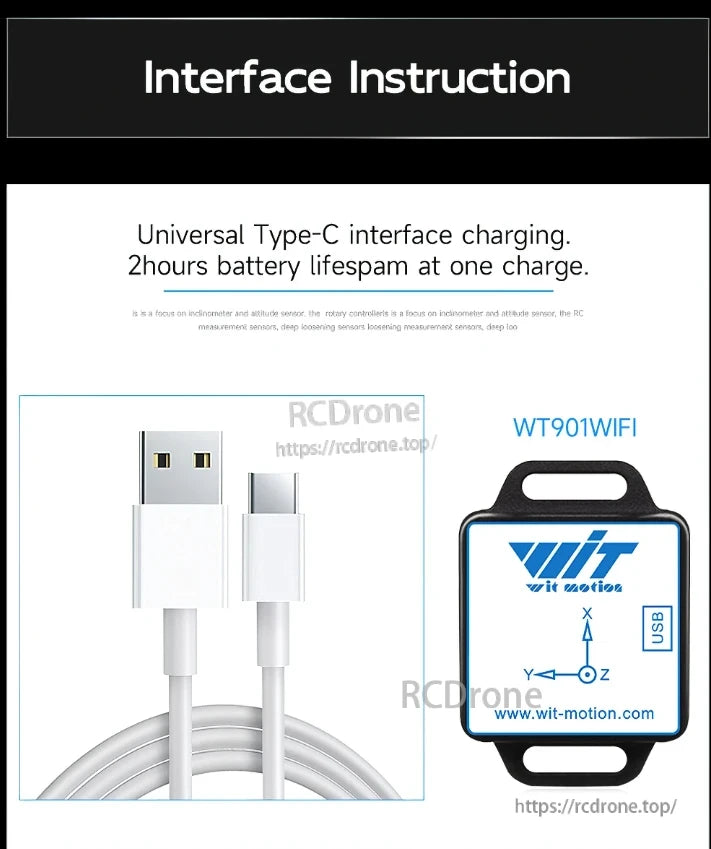 WT901WIFI Accelerometer, The WT901WIFI from WIT Motion features a Type-C interface, 2-hour battery life, inclinometer, sensors, USB port, motion tracking, and a compact design.
