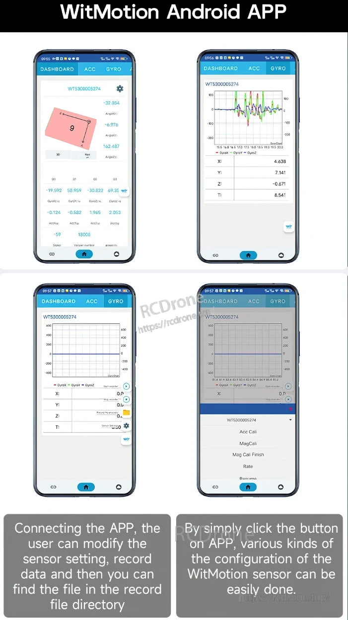 WT901WIFI Accelerometer, The WitMotion Android app allows sensor configuration, data recording, calibration, real-time data viewing, and file access through its interface.