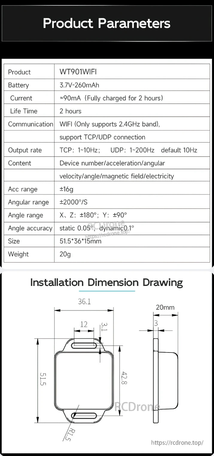 The WT901WIFI accelerometer features a 3.7V-260mAh battery, ±16g acceleration, ±2000°/S angular rate, 2.4GHz WiFi, TCP/UDP support, compact size, and outputs multiple sensor data.