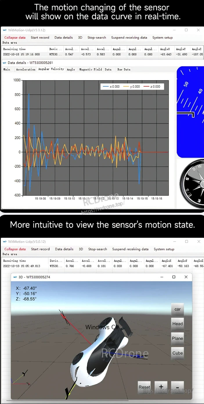 WT901WIFI Accelerometer, Displays sensor motion data through curves and 3D visualization, monitoring acceleration, angular velocity, and angles with X, Y, Z orientation values. Features data recording, search, and setup options.