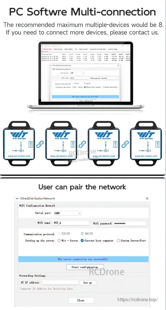 WT901WIFI Accelerometer, PC software connects up to 8 devices via WiFi, allowing serial port, SSID, password, and protocol settings. Server connection success is displayed.