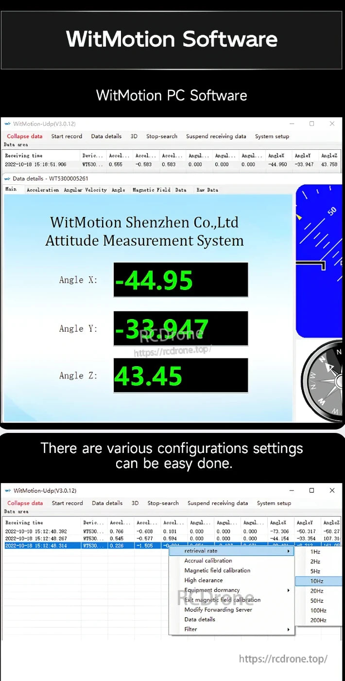 WT901WIFI Accelerometer, WitMotion PC Software shows real-time X, Y, Z angles, records data, calibrates, adjusts rates up to 200Hz, and simplifies setup for accurate measurements.