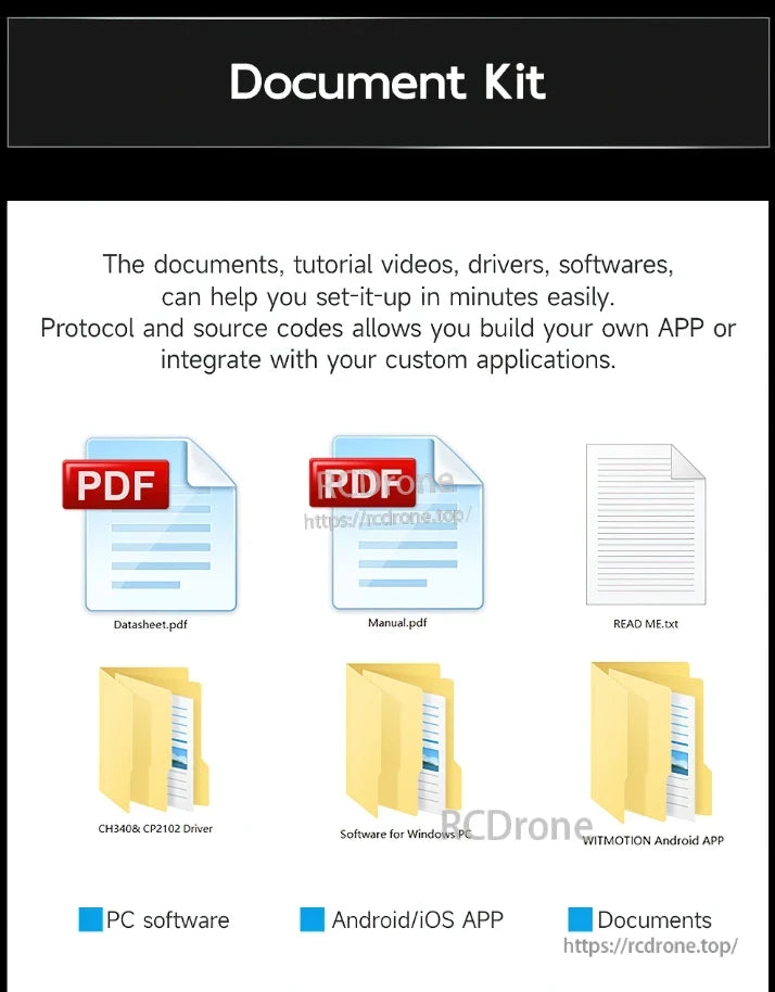WT901WIFI Accelerometer, The Document Kit includes datasheets, manuals, drivers, software, and apps for PC and mobile, with setup guides and code for custom integration.