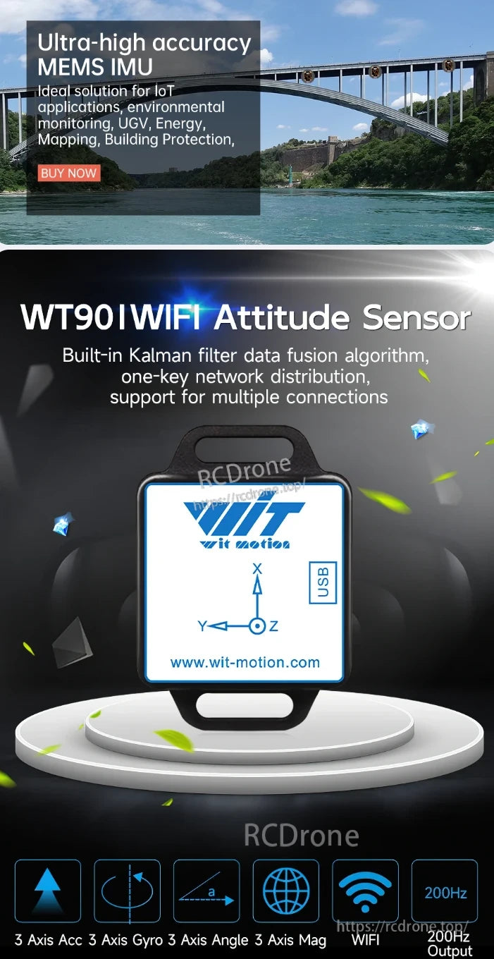 WT901WIFI Accelerometer, Ultra-high accuracy MEMS IMU for IoT, environmental monitoring, UGV, energy, mapping, and building protection. WT901WIFI sensor includes Kalman filter, WiFi, 200Hz output, USB interface. Supports multiple connections. Visit www.wit-motion.com.