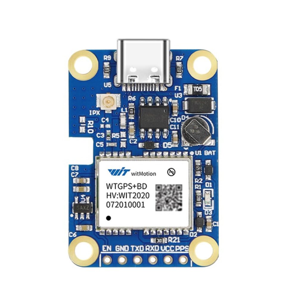 WitMotion WTGPS+BD GNSS module board with USB-C port, IPX antenna connector, and UART pin header