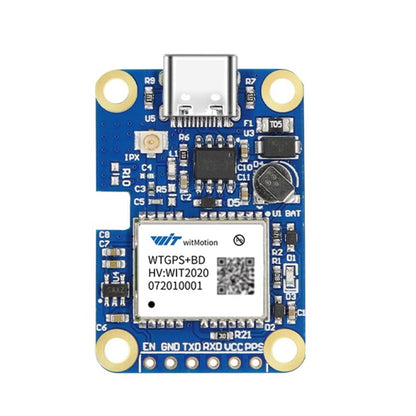 WitMotion WTGPS+BD GNSS module board with USB-C port, IPX antenna connector, and UART pin header