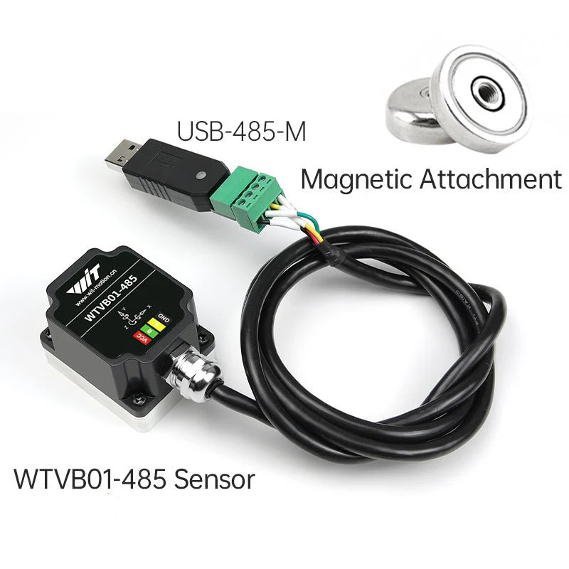 WitMotion WTVB01-485 vibration sensor features USB-485-M interface and magnetic attachment for easy installation.