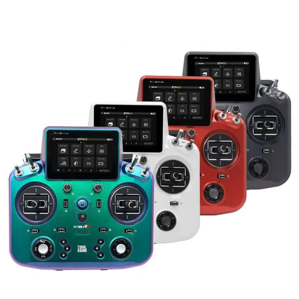 FrSky Tandem X18RS RC radio transmitter front view with touchscreen, shown in four color options