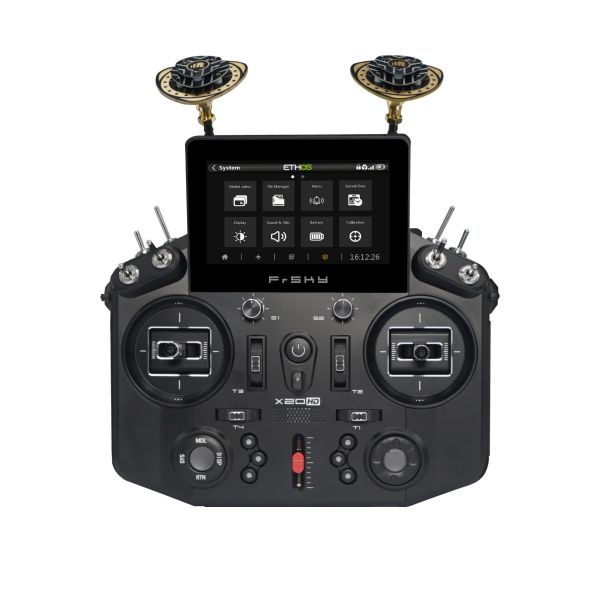 FrSky Tandem X20HD dual band radio transmitter with built-in HDZero receiver and FPV screen, front view