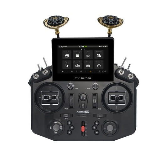FrSky Tandem X20HD dual band radio transmitter with built-in HDZero receiver and FPV screen, front view
