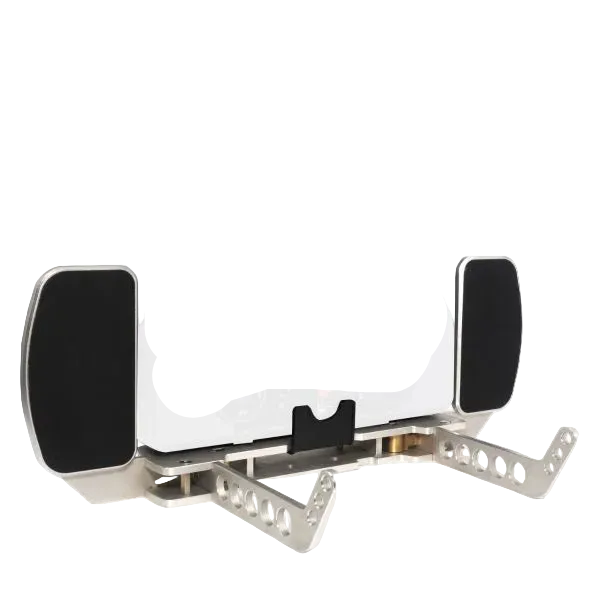 FrSky CNC metal transmitter tray for Tandem X20 radio, front view with padded grips and aluminum brackets