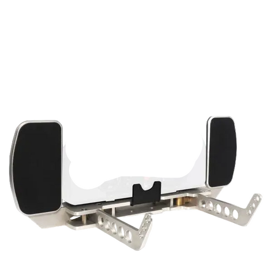 FrSky CNC metal transmitter tray for Tandem X20 radio, front view with padded grips and aluminum brackets