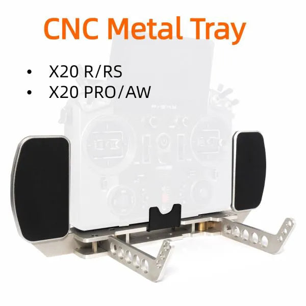 Compatibility graphic for FrSky CNC metal tray showing fit for Tandem X20 R/RS and X20 PRO/AW transmitters