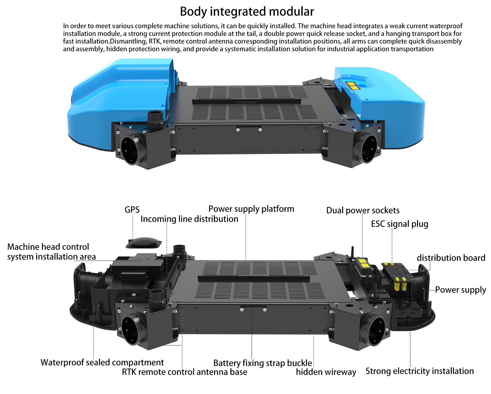 The Dreameagle YS-40 Transport Drone features modular design, waterproof and strong current protection, quick-release socket, and hidden wiring for industrial applications.