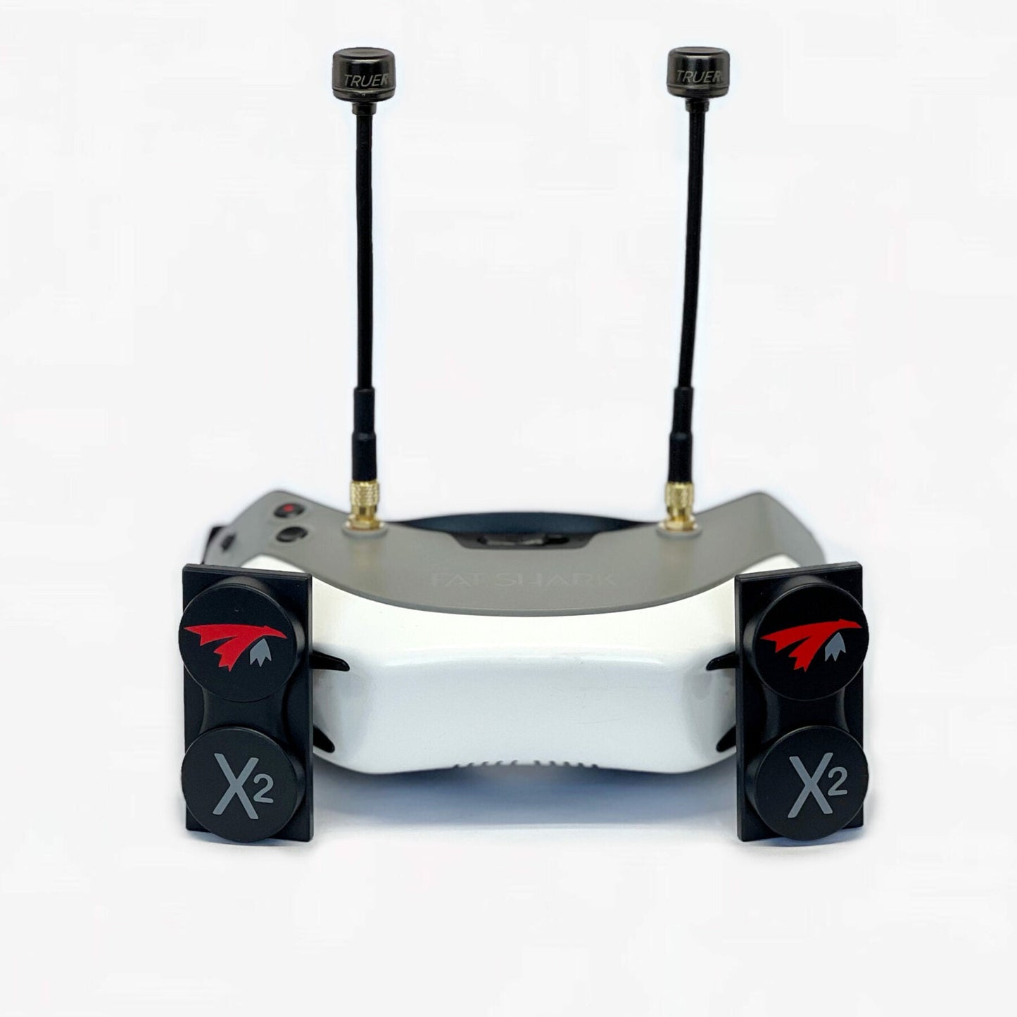 TrueRC X2 patch antennas and Core antennas mounted on FPV goggles, front view showing antenna layout
