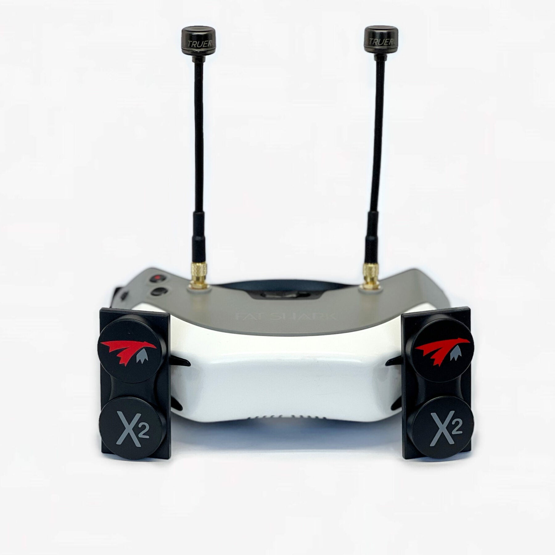 TrueRC X2 patch antennas and Core antennas mounted on FPV goggles, front view showing antenna layout