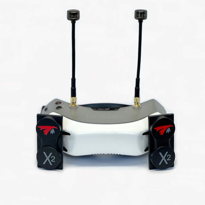 TrueRC X2 patch antennas and Core antennas mounted on FPV goggles, front view showing antenna layout