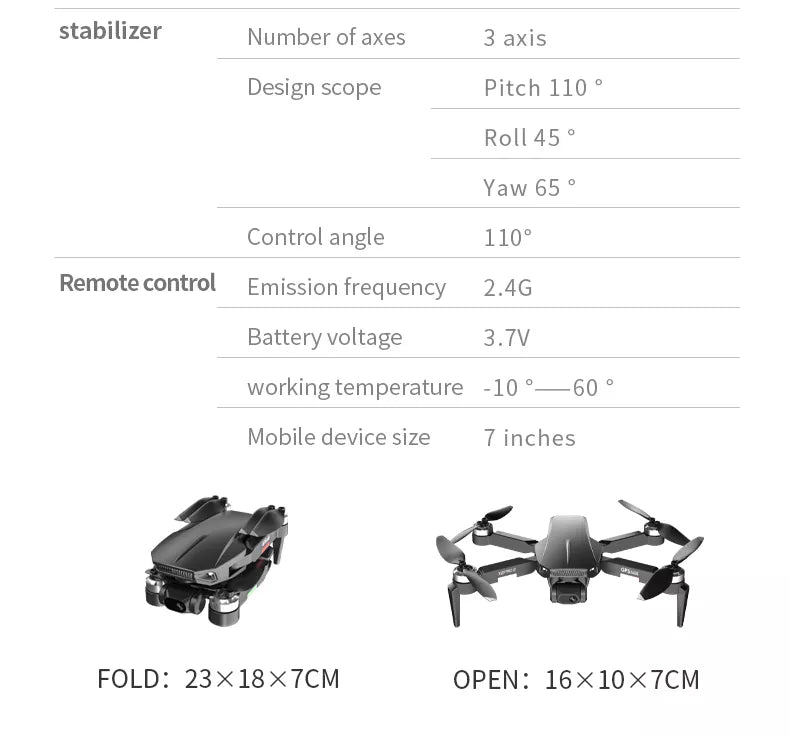 X2 Pro3 Drone, stabilizer Number of axes 3 axis Design scope Pitch 110 Roll 45 Ya
