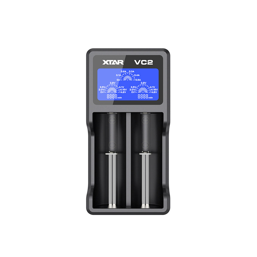 XTAR VC2 2-Slot USB Li-ion Battery Charger front view with LCD display and two charging bays
