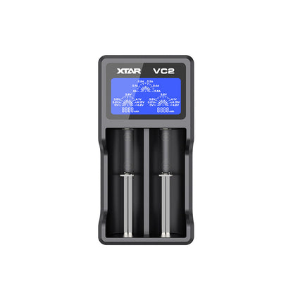 XTAR VC2 2-Slot USB Li-ion Battery Charger front view with LCD display and two charging bays