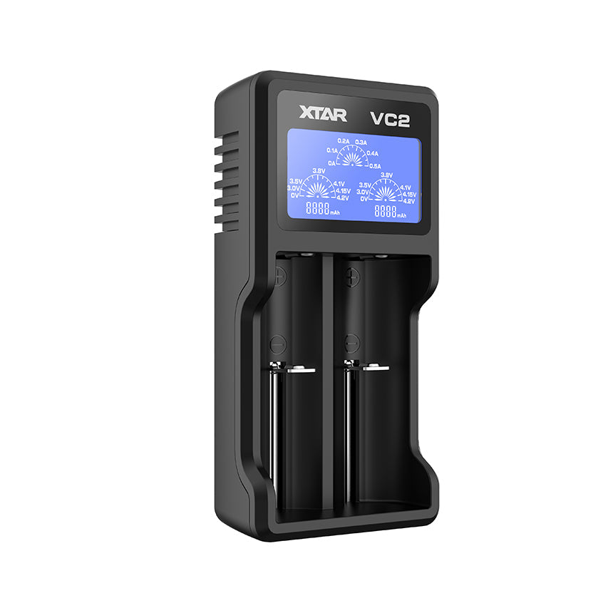 Angled view of XTAR VC2 2-slot USB Li-ion battery charger showing LCD screen and dual slots