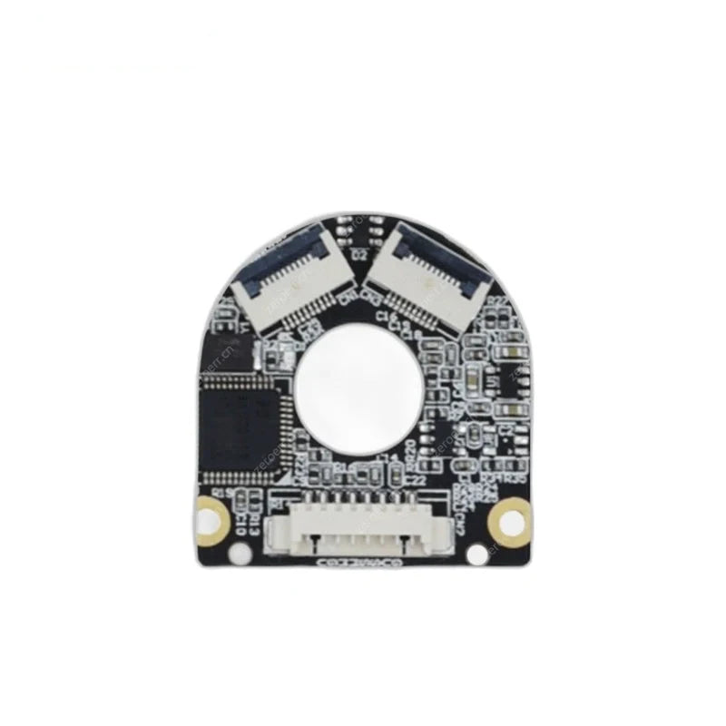 Close-up of the ZeroErr eCoder11 encoder circuit board with central opening, two top connectors, and lower connector.