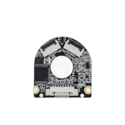 Close-up of the ZeroErr eCoder11 encoder circuit board with central opening, two top connectors, and lower connector.