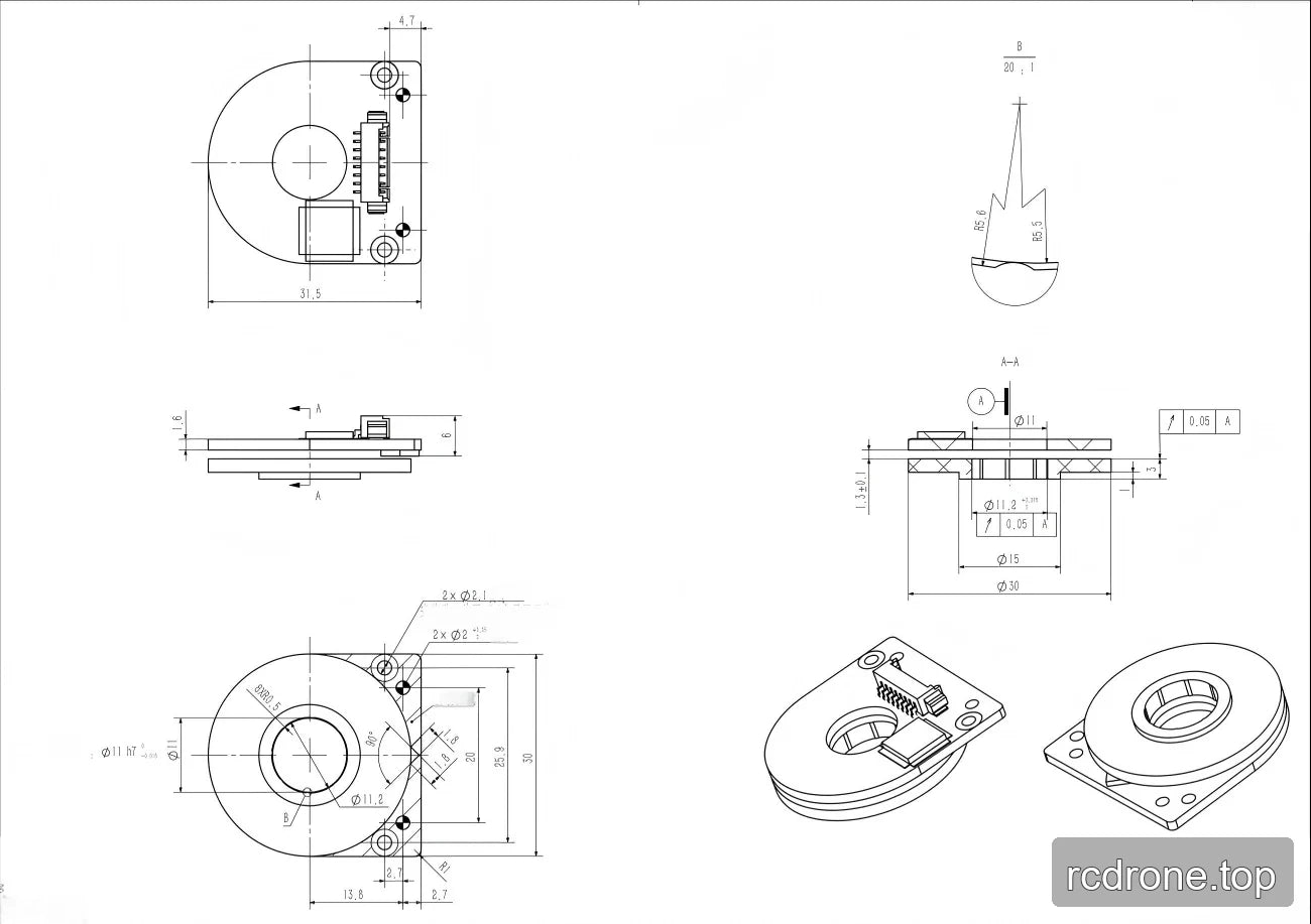 Technical dimensional drawing of a circular eCoder11 encoder assembly