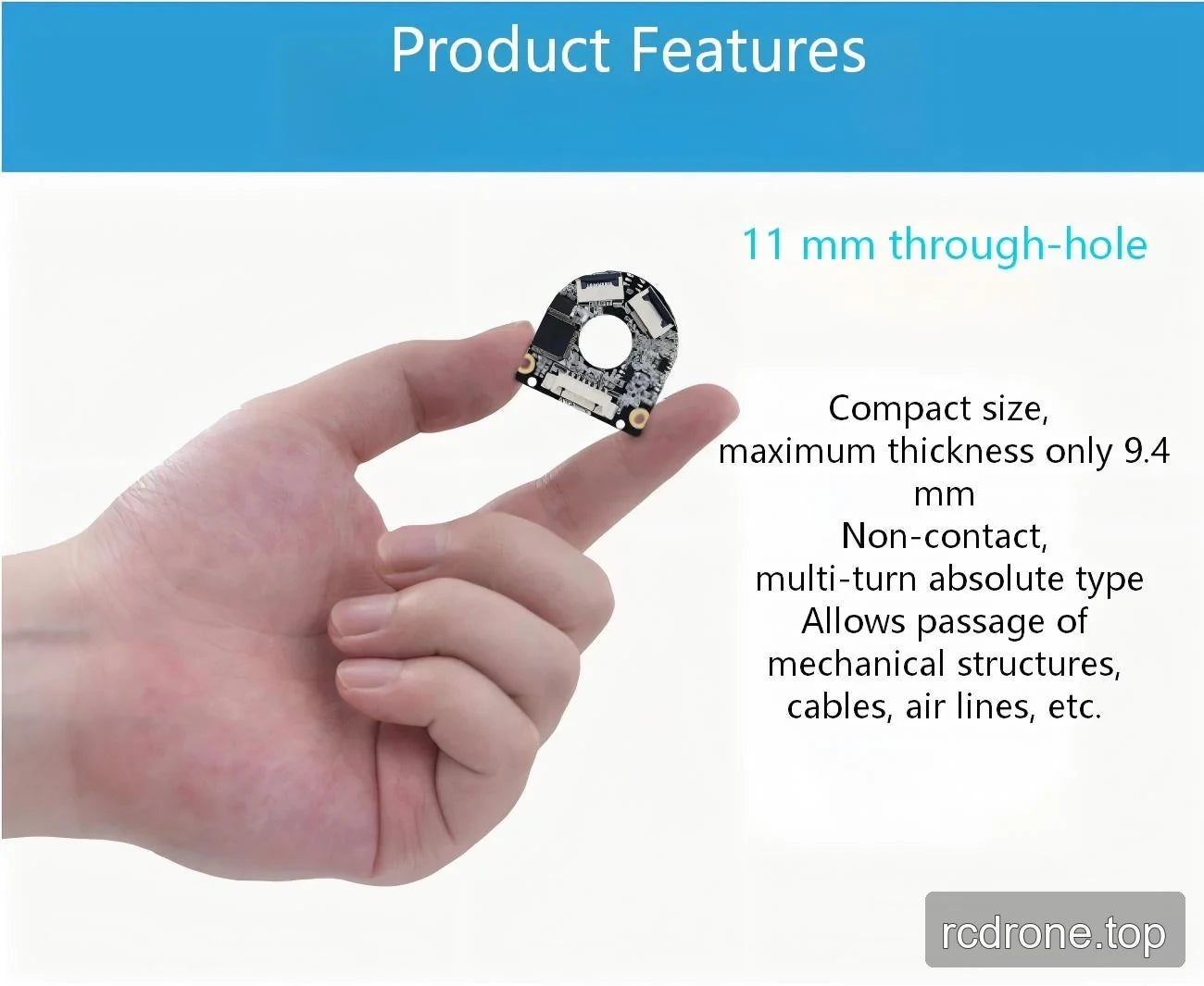 eCoder11 encoder graphic with 11 mm through-hole and 9.4 mm maximum thickness